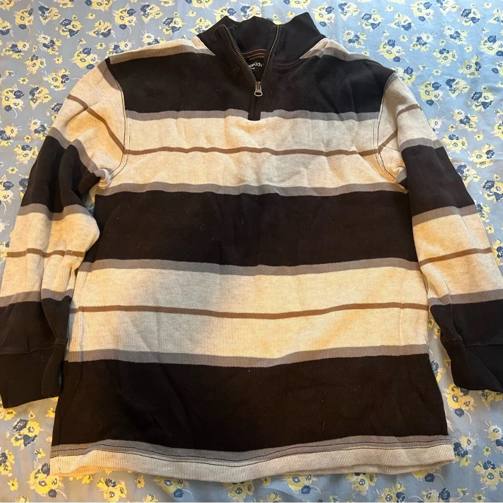 Gap Boys Brown & Cream off white Striped Cotton Long Sleeve half zip Shirt